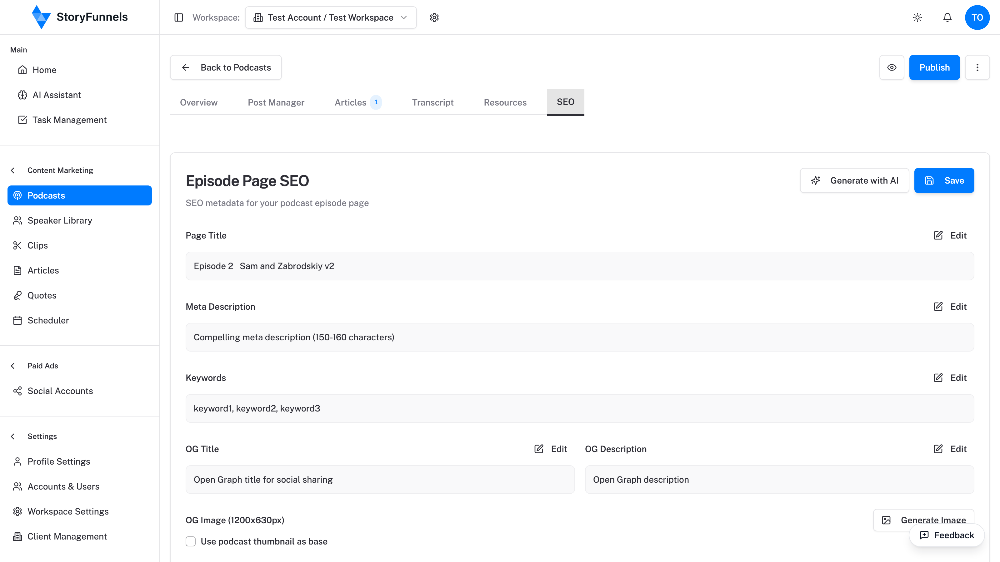 The SEO / AI-visibility settings StoryFunnels generates for each episode