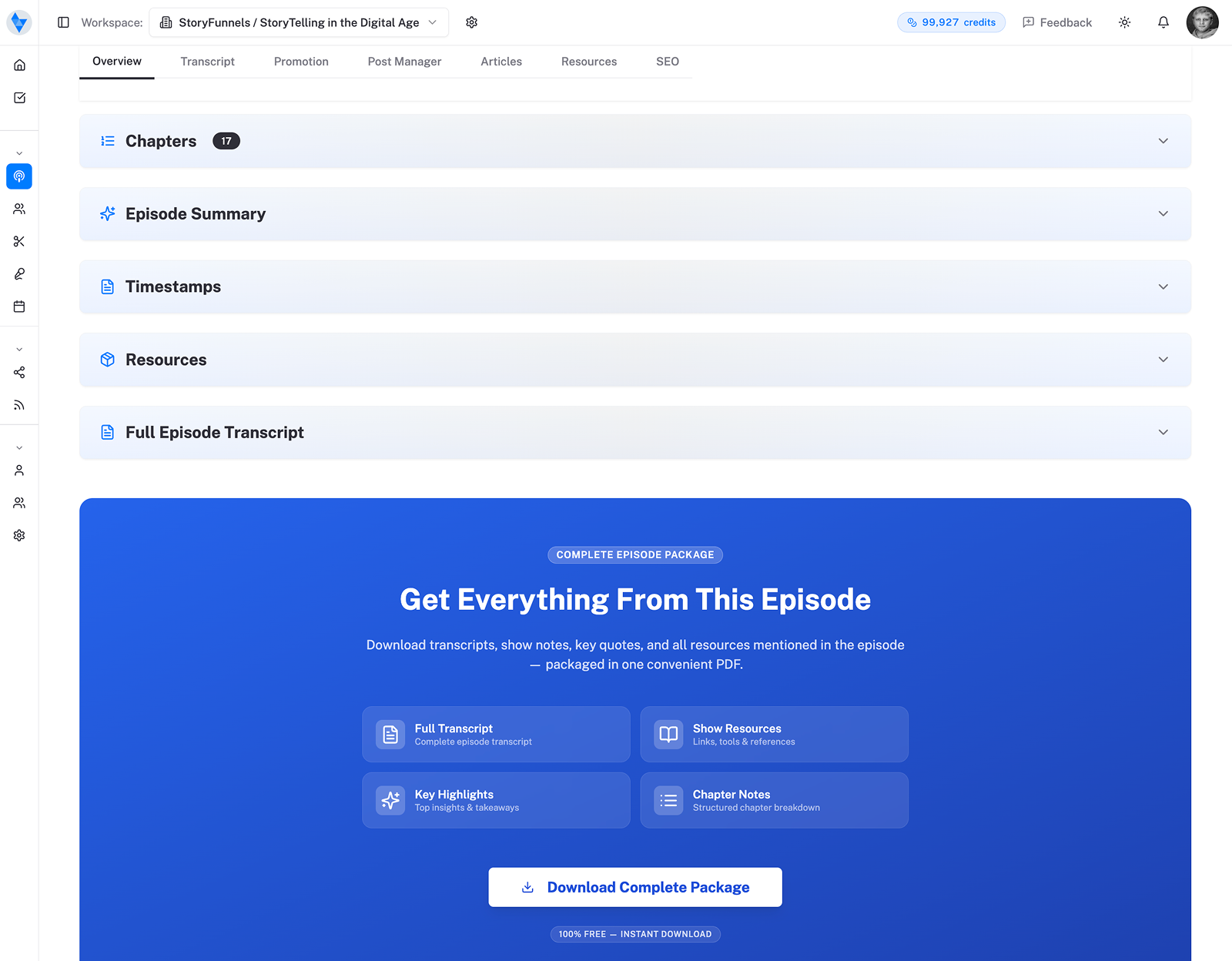 Auto-generated chapters, show notes and a downloadable episode package