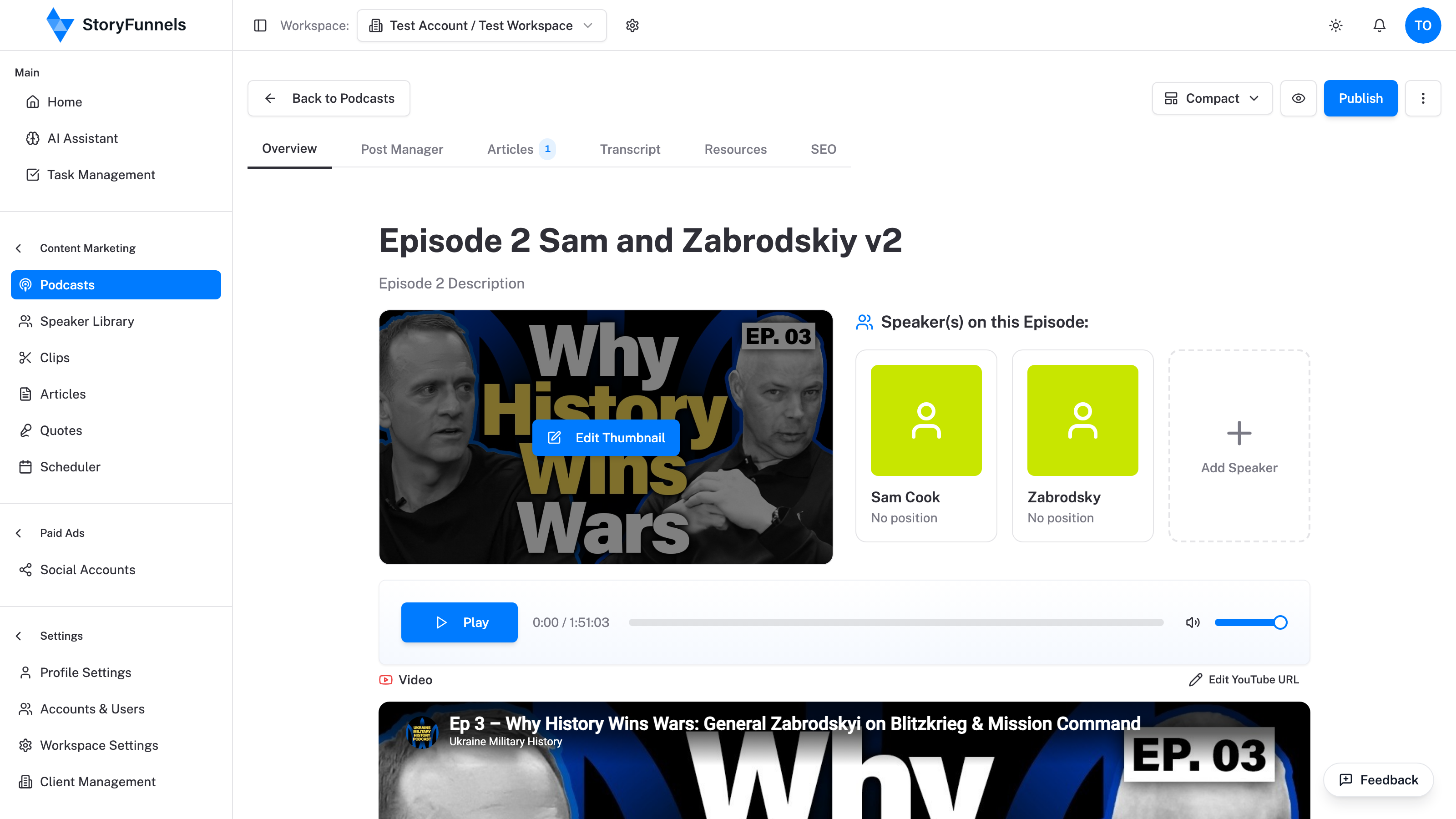 A podcast episode inside StoryFunnels with every generated asset in one place