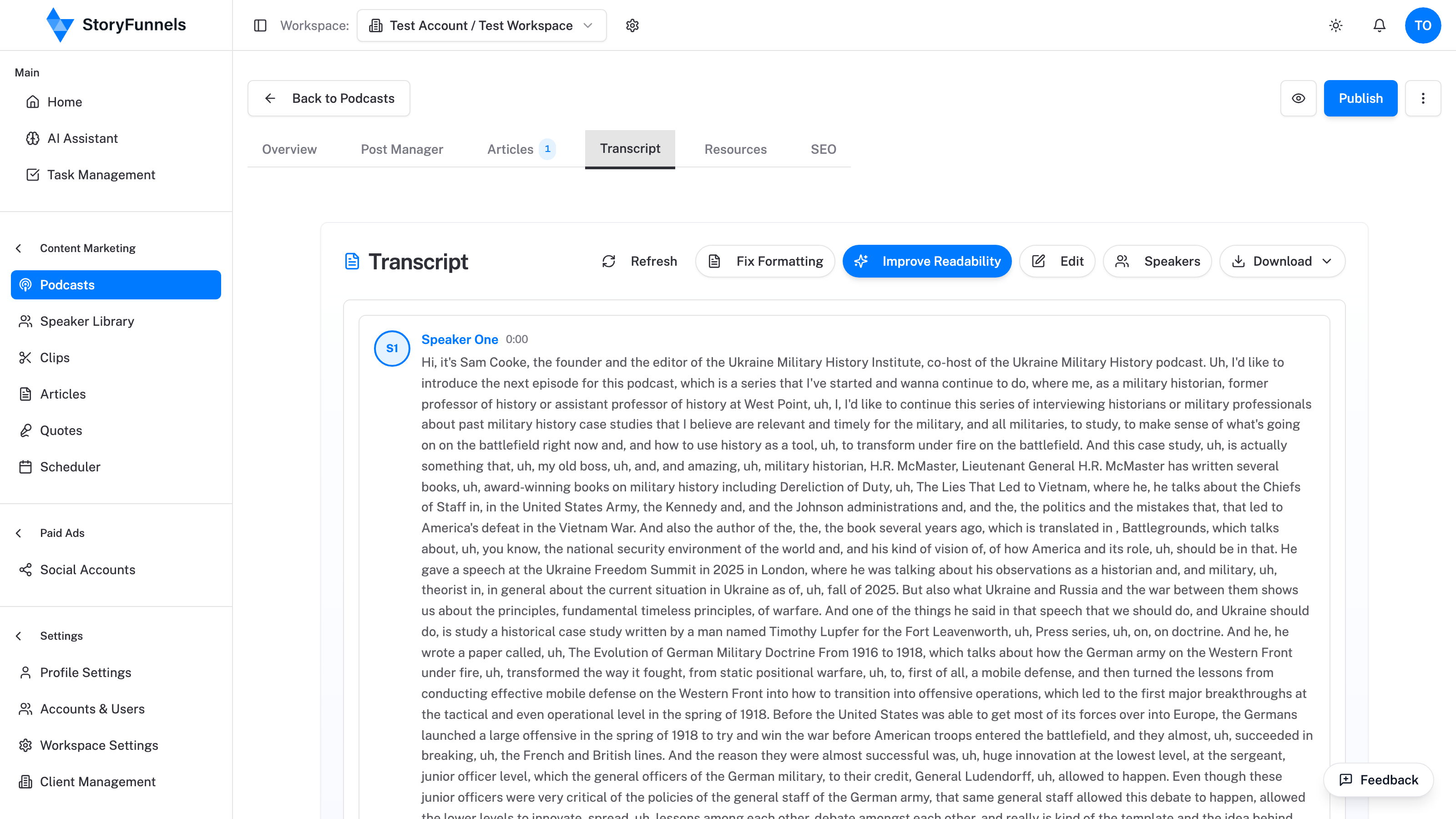 A full speaker-labeled transcript generated inside StoryFunnels