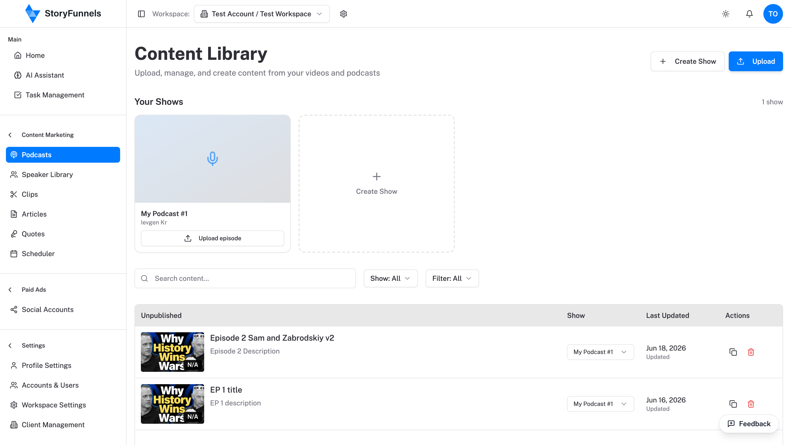 The StoryFunnels content library with an Upload button and your shows